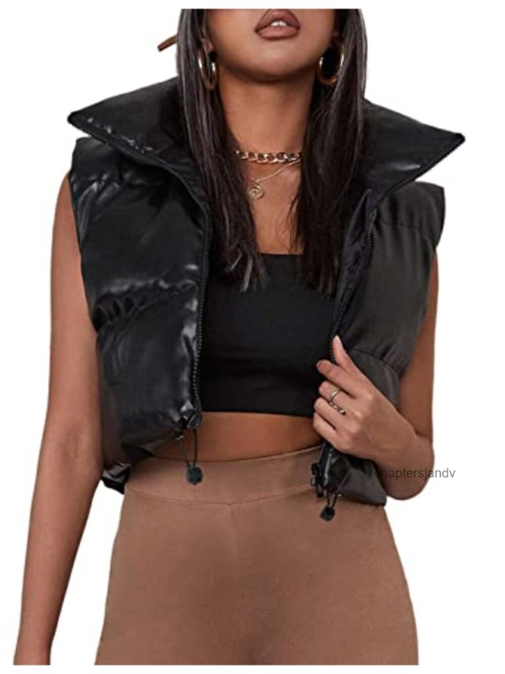 Womens PU Leather Cropped Puffer Vest Faux Leather Zip Up Sleeveless Jacket